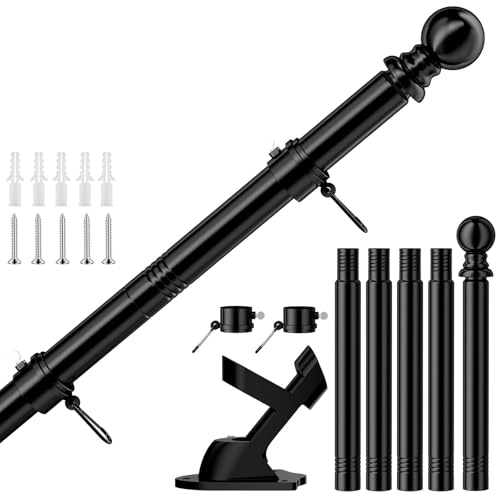Mavivegue 6 FT Flag Pole Kit Wall Mounted Flag Pole with Bracket Stainless Steel Flag Pole Kit 90Adjustable Extendable Length for Outside House Garden Yard Residential or Commerical Black