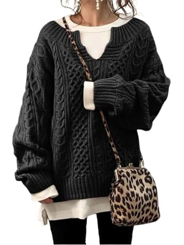 Image of chouyatou Women's Winter Chunky V Neck Long Sleeve Loose Cable Knit Sweater Pullover