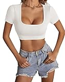 LYANER Women's Summer Crop Tops Square Neck Short Sleeve Workout Shirt Going Out Sexy Top Basic Slim Fit Tees White Small