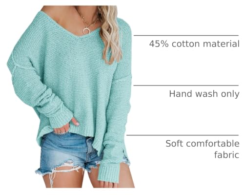Image of Women's Off Shoulder Knit Sweaters Oversized V Neck Long Sleeve Loose Lightweight Pullover Tops