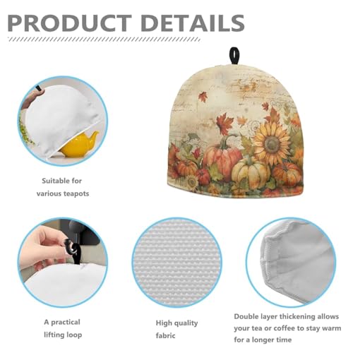 Image of Hudotybom Fall Pumpkin Tea Pot Cozies Thanksgiving Coffee Breakfast Warmer Teapot Dustproof Insulated Covers Tea Kettle Quilt for Kitchen