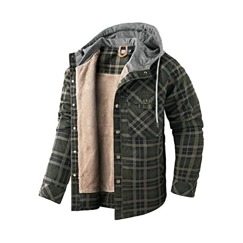 Mr.Stream Mens Fur Lined Padded Lumberjack Check Button Shirt Long Sleeve Hoodies Flannel Quilted Fleeced Sherpa Jackets Plus Big Size Large Green Cover