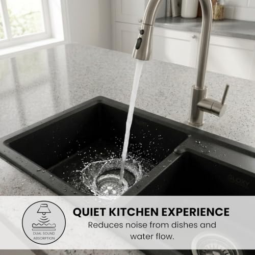 Image of GLOXY Premium Quartz Granite Double Bowl Kitchen Sink 31x18x9 Inches - Heavy Duty Black Matte Finish Double Bowl Quartz Sink with Drainer Basket Coupling Hose Pipe - Undermount & Topmount Kitchen Sink