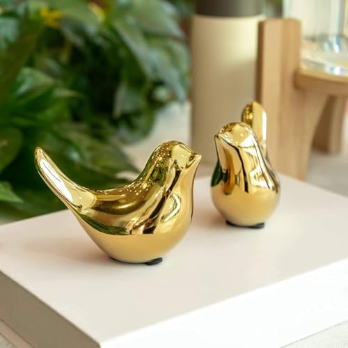Image of Golden Ceramic Birds Figurine Set | Luxury Home Decor Showpiece for Living Room, Bedroom, Office & Table Decoration | Elegant Love Birds Statue Gift (Set of 2 PCS)