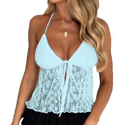Image of Women's Sexy Halterneck Tie-Up Front Crop Top Sleeveless Backless Lace Cardigan Tops Streetwear
