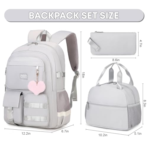 3PCS Student Backpack For School Women College Middle High Teen Girls Bookbag Waterproof Laptop Bag Grey3