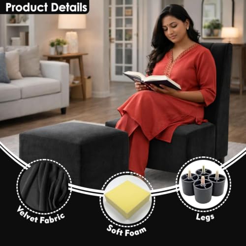 Image of Rosebell One Seater Sofa with Ottoman Combo Single Seater Sofa Set with Matching Footrest for Living Room & Bedroom Guest Room - Black Color