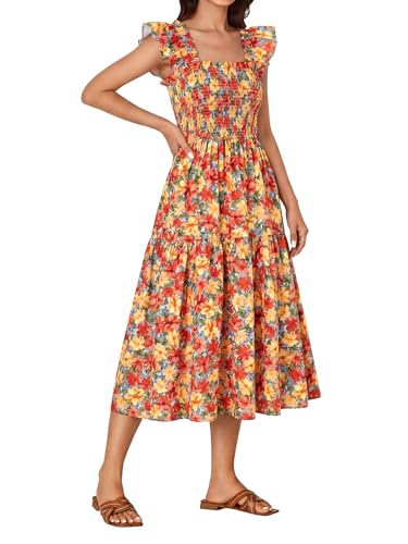 Image of Rooscier Women's A Line Smocked Midi Dress | Summer Sleeveless Square Neck Casual Sundress
