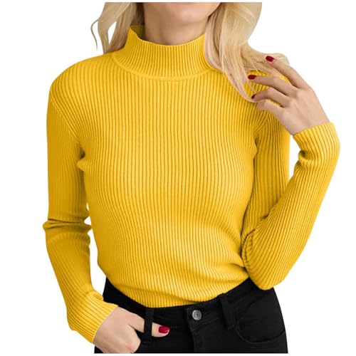 Suéter acanalado para mujer, talla única, cuello alto, elegante, de punto, manga larga, ajuste delgado, suéter de invierno, amarillo, Altoa única