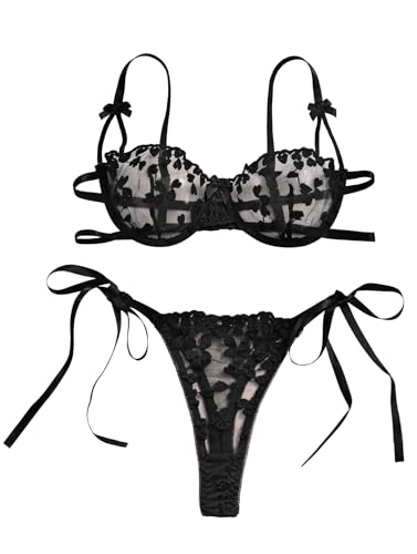 Image of Lilosy Sexy Tie Side Cute Underwire Push Up Strappy Embroidered Mesh Sheer Lingerie Set