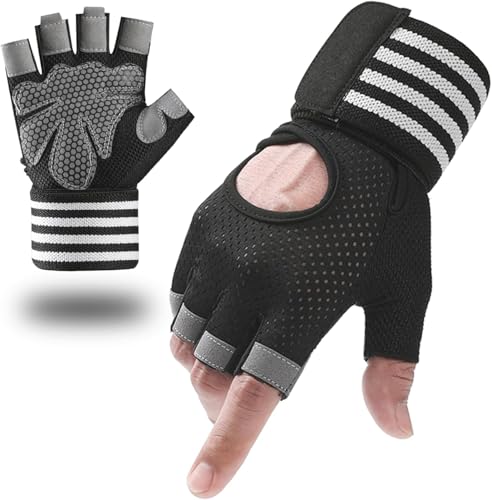 ArrowMax Gym Gloves with Wrist Support Strap for Men & Women Workout, Half-Finger Gloves for...