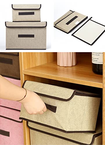 Image of wolpin Set of 2 Storage Basket Bins Non-Woven Wardrobe Closet Organizer Foldable Drawer Rectangular Stackable Box /Bins with Lid & Handle, Khaki