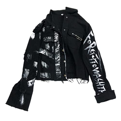 Streetwear Women Denim Jacket Fashion Graffiti Print Jacket Female Loose Coat Jackets,Black,L