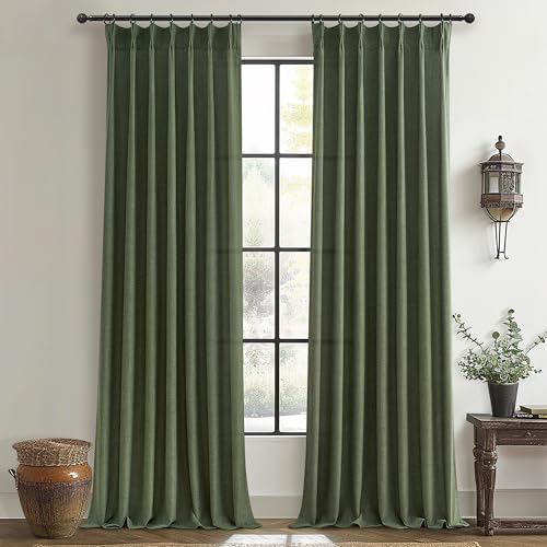 Olive Green Linen Curtains 96 Inches Long 2 Panels Set, Modern Ae...