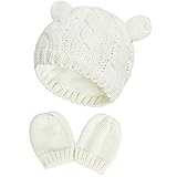 Malaxlx Baby Infant Winter Beanie Hat Mittens Set Warm Knitted Hat Glove Set for 3-6 Months Baby Girls Boys (White)