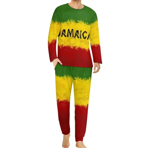 Zakqeik Mens Slim Pajama Sets Jamaica Flag Long Sleeve Sleepwear And Long Pants 2-Piece Lounge Set