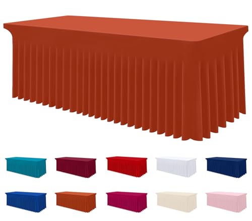 Image of Smiry Spandex Elastic Fitted Table Cloth Skirt for 8FT Rectangle Table | Stretch Washable Table Cloth, Banquet Table Cover for Wedding, Party, Indoor & Trade Shows, (Rust, 96Lx30Wx30H)