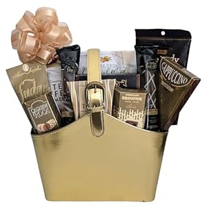 Chocolates & Cookies Gift Basket in Golden Faux Leather Tote – Business Gift, Thank You Gift Basket, Thanksgiving Gifts, Christmas & Holiday Gifts, Chocolate Gift Basket, Snack Foods Gift Basket, Gourmet Food Gifts, All Occasion Gift Basket