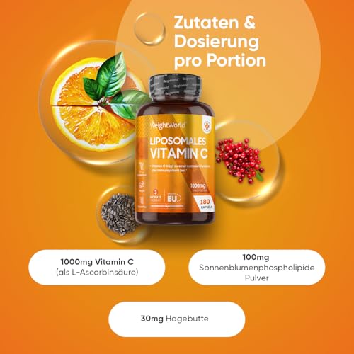 Liposomales Vitamin C - 1000mg Vit C, 100mg Sonnenblumenphospholipide & 30mg Hagebutte - 180 vegane Kapseln - Glutenfrei & Ohne Gentechnik - WeightWorld – Bild 3