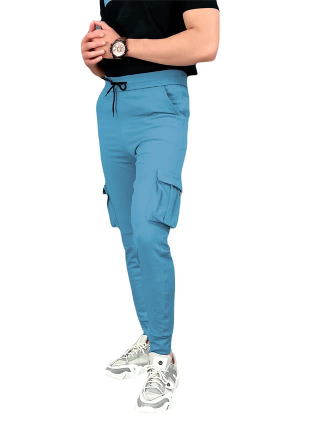 Henzila Men's Regular Fit Cotton Track Pants with Pant Design Pockets - Men's Lower, Pajama, Running Track Pant Color:-SkyBlue Size:-MNO:-1006