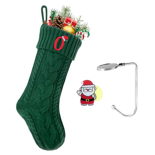 guccde Christmas Stockings with Initials, Personalized Embroidered Monogram 18 Inches Knitted Christmas Stockings Fireplace Xmas Stockings for Kids,Family Holiday Party Decoration Green Letter O