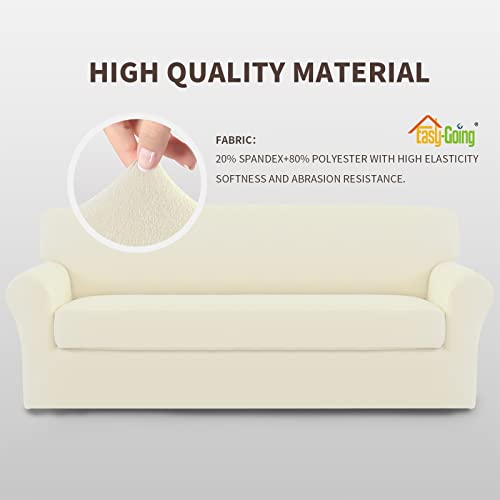 Image of Easy-Going 2 Pieces Stretch Couch Sofa Slipcover Washable | Spandex Soft Fitted Sofa Couch Cover for Sofa Furniture Protector with Bottom Kids,Pet Dog Ivory