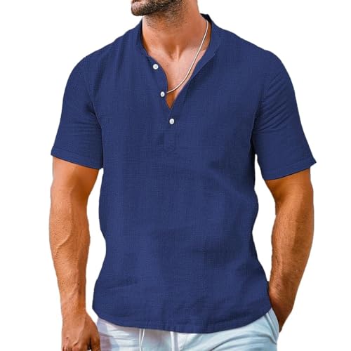 Men's Cotton Henley Shirts Linen Band Short Sleeve Hippie Casual Beach T Shirt Lightweight Band Collar Yoga Tops - Main Image