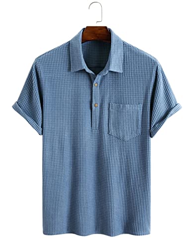 MUMUBREAL Men's Short Sleeve T-Shirt Waffle Knit Button Down Casual Polo Shirts with Pocket, Blue M