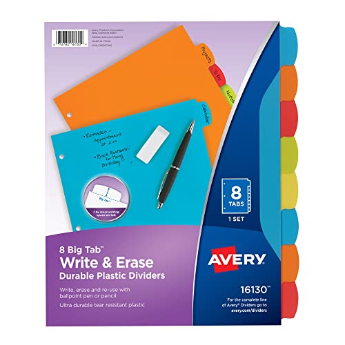 Image of Avery Write & Erase Plastic Dividers, 8-Tab, Multicolor, 24 Sets