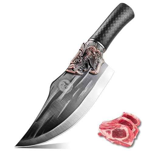 LONGQUAN Butcher Knife, Multipurpose Sharp Viking 6.5 inch, Handmade Boning Knife, Caveman Knife with Black Forged Texture - Plastic Handle