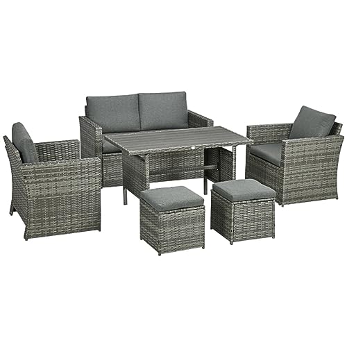 Juego de comedor de patio de 6 piezas, juego de muebles de ratán de polietileno con 2 sillas, cojines de sofá biplaza, mesa de comedor con listones de madera