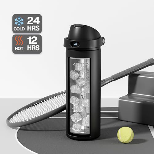 Image of POWCAN 24 oz Insulated Water Bottle: 2-in-1 Push-Button Spout & Quick-Flip Straw, Leakproof, Cold 24Hrs, Fits Car Cup Holder, Stainless Steel Water Bottle for Sports, Travel, School, Gift (Very Black)