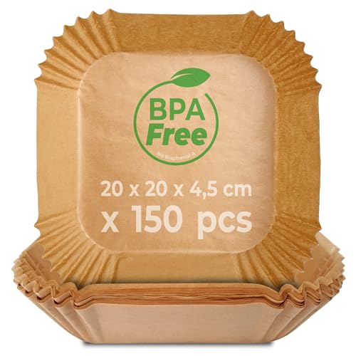 Kitchen Guru Carta Da Forno Air Fryer, 150 Stampi Quadrati Per Friggitrice Senza Olio, 5-11L, Dimensioni 20 X 20 X 4,5 Cm, Antiaderente, Resistente Al