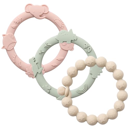 Image of YIVEKO Baby Teether Rings Silicone Teethers for Babies Multi Use Teething Toys for Infants Chew Toys Baby Teething Rings for Infant Boys and Girls 3 Pack-Blush