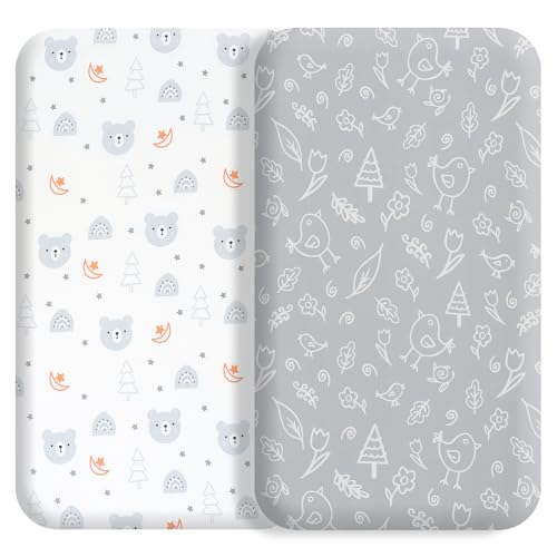Image of FHMJYH Bassinet Sheet Set Halo Bassinest Fitted Sheets 2 Piece Fits Rectangle Oval Halo Hourglass Mattress Stretchy Fitted Bassinet Bed Sheets for Boys Girls Unisex (Bears & Birds)