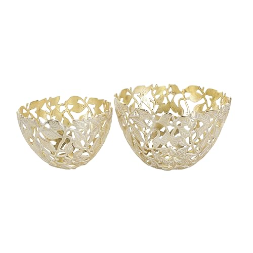 Deco 79 Aluminum Metal Leaf Decorative Decorative Bowl Decorative Containers with White Detailing, Set of 2 Decorative Keepsake Boxes 15", 12" W, Gold