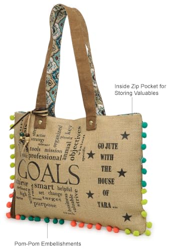 Image of The House of tara Jute Tote Handbag | Brown Beige Printed Shoulder Bag | Tassel Embellished | Magnetic Closure | Zipper Compartment | Casual Bag for College, Office & Daily Use | For Women