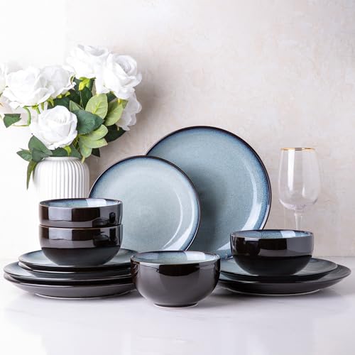 Image of LERATIO Ceramic Dinnerware Sets for 4,Stoneware Coupe Plates and Bowls Sets,Highly Chip and Crack Resistant | Dishwasher & Microwave & Oven Safe Dishes set,Reactive Glaze Dinnerware- Service for 4