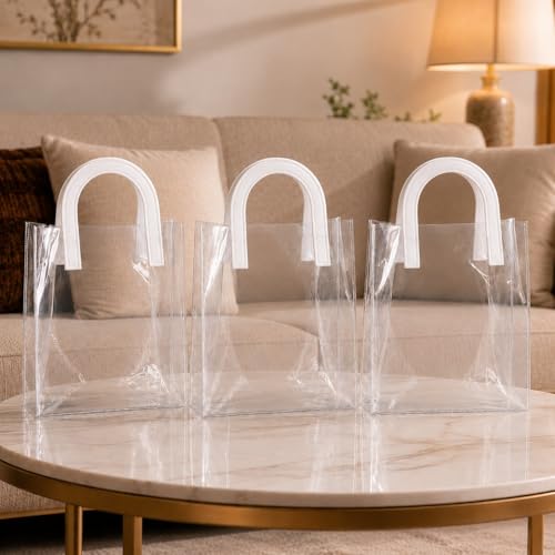 Image of SATYAM KRAFT 6 Pcs Transparent Reusable Leather Goodie Bags | Elegant Gift Bags for Her /Him Wedding Return Favors, Engagement Hampers, Marriage, Birthday & Festival Gifting | Handle Hamper Shopping Carry Bags (U-shaped White - Medium)