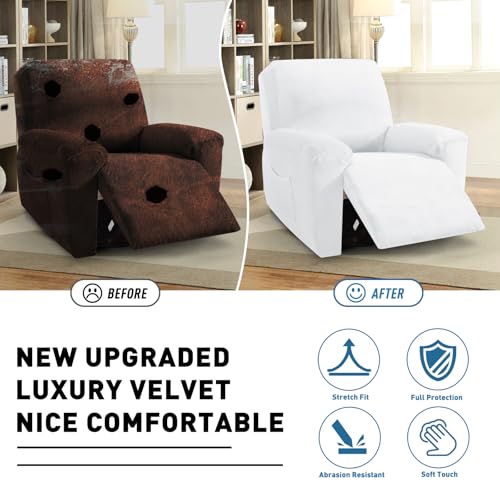 Image of ZNSAYOTX 2026 Velvet Oversized Recliner Cover 3-Piece, Luxury Plush Recliner Chair Covers with Elastic Band & Ties Stay in Place, Stretch Reclining Slipcover for Lazy Boy Soft Washable (White)