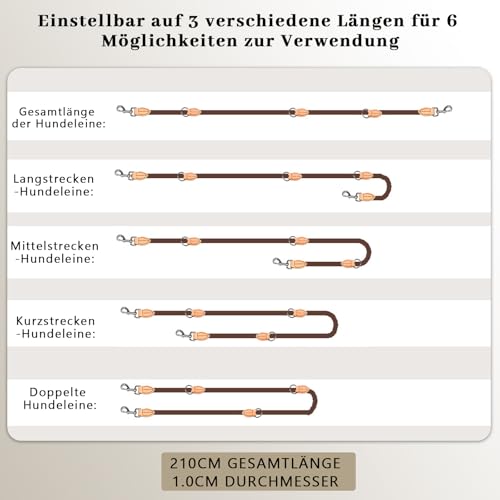 Hundeleine für Mittelgroße & Große Hunde, Multifunktionsleine Führleine für Hunde 2.1m Verstellbare mit 2 Karabiner, Robuste Nylon Dog Leash, Schleppleine Doppelleine für 2hunde (Braun, 1cm x 2.1m)
