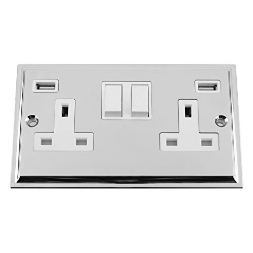 USB Socket 2 Gang - Polished Chrome - Victorian - White Insert Plastic Rocker Switch - 13A Double Wall Plug USB Socket 3