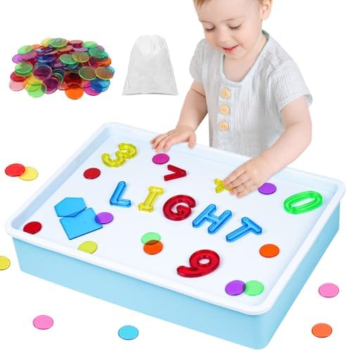 Vicloon Light Box Blau mit 151 Bunte Buchstaben, Zahlen, Rechensymbole und Geometrie, Sensorisches Spiel für Kinder ab 3+, Leuchttisch für Kinder, 10 Stufige Dimmung, Zählen und Bu