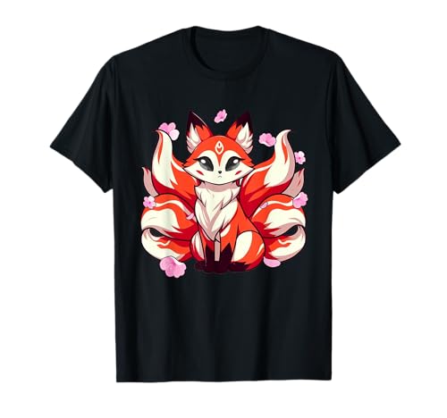 Kawaii japonais Kitsune Nine Queue Renard Cerisier Fleurs T-Shirt