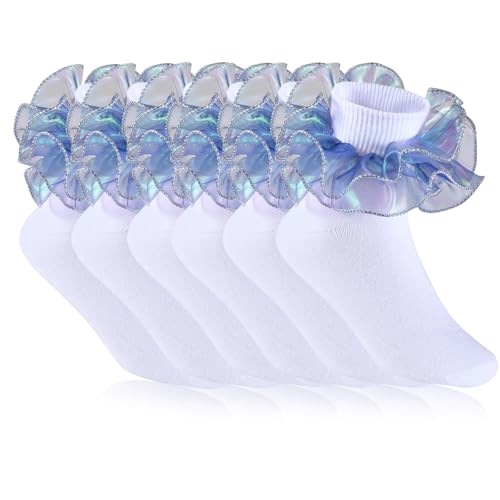 6 Pairs Girls White Ruffle Socks Toddler Big Double Shimmering Lace Turn Cuff Dress Socks