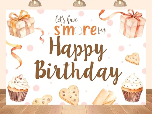PEKRU 8x6ft Fabric Happy Birthday Photography Backdrop, S'More Fun Theme