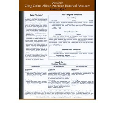 Citing Online African-American Historical Resources Quicksheet: Evidence Style by Elizabeth Shown Mills (2010-10-25)