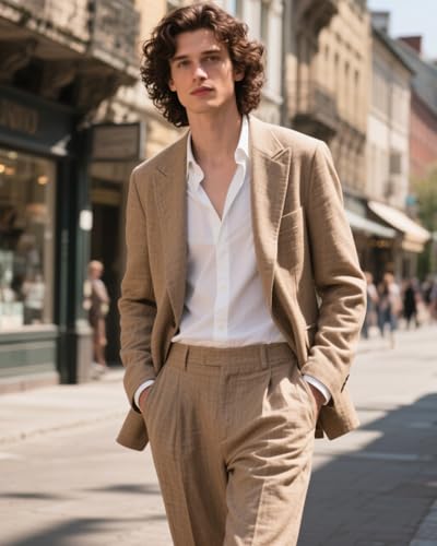 Linen Men Suit Summer Beach Wedding Outfit Groom Slim Fit 2 Piece Formal Men Suit Blazer and Pants Set Retro Tuxedos Dress2