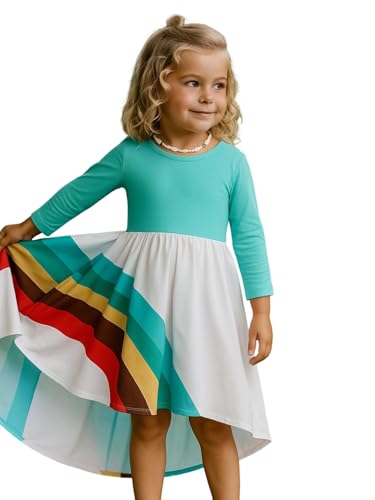 Image of Girl Fall Long Sleeve Dress Christmas Red Rainbow Twirly Skater Midi Party Dress