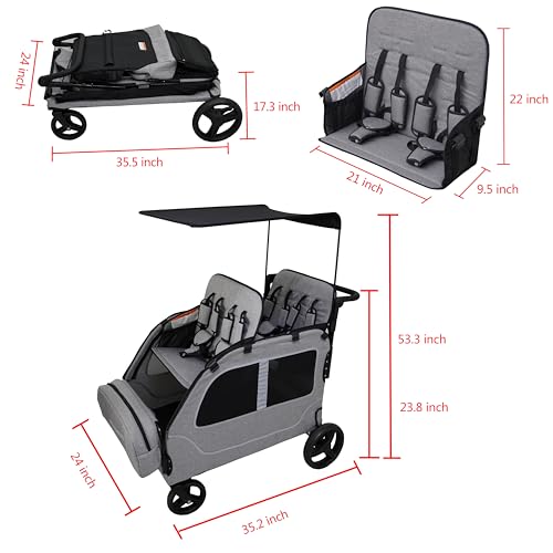 4 Seater Wagon Stroller, Large Quad Wagon for 2 3 4 Kids Baby Toddler Child with Seats, All Terrain, Triple Stroller, Adjustable Push/Pull Handles, Removable Canopy (Dark Grey)